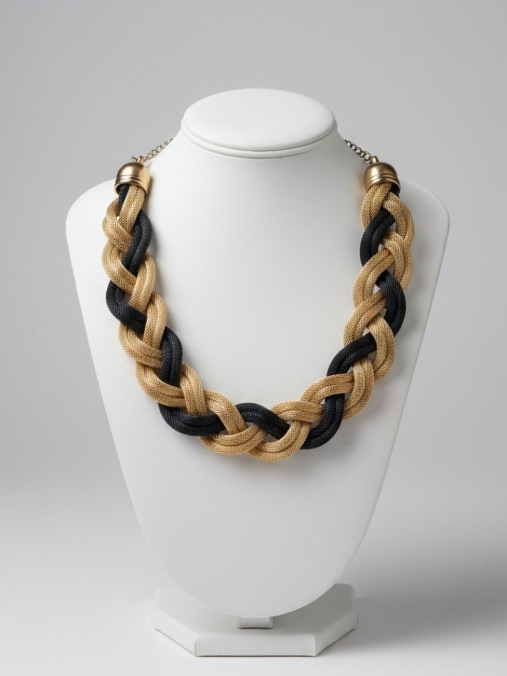 Vintage Chunky Black Gold Woven Mesh Strand Statement Necklace